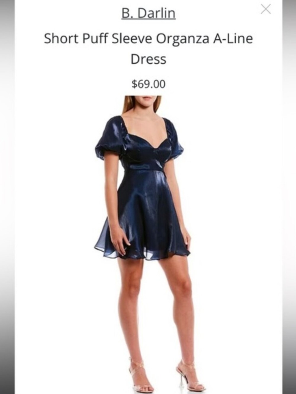 B Darlin Blue Iridescent Short Puff Sleeve Organza A-Line Babydoll Dress